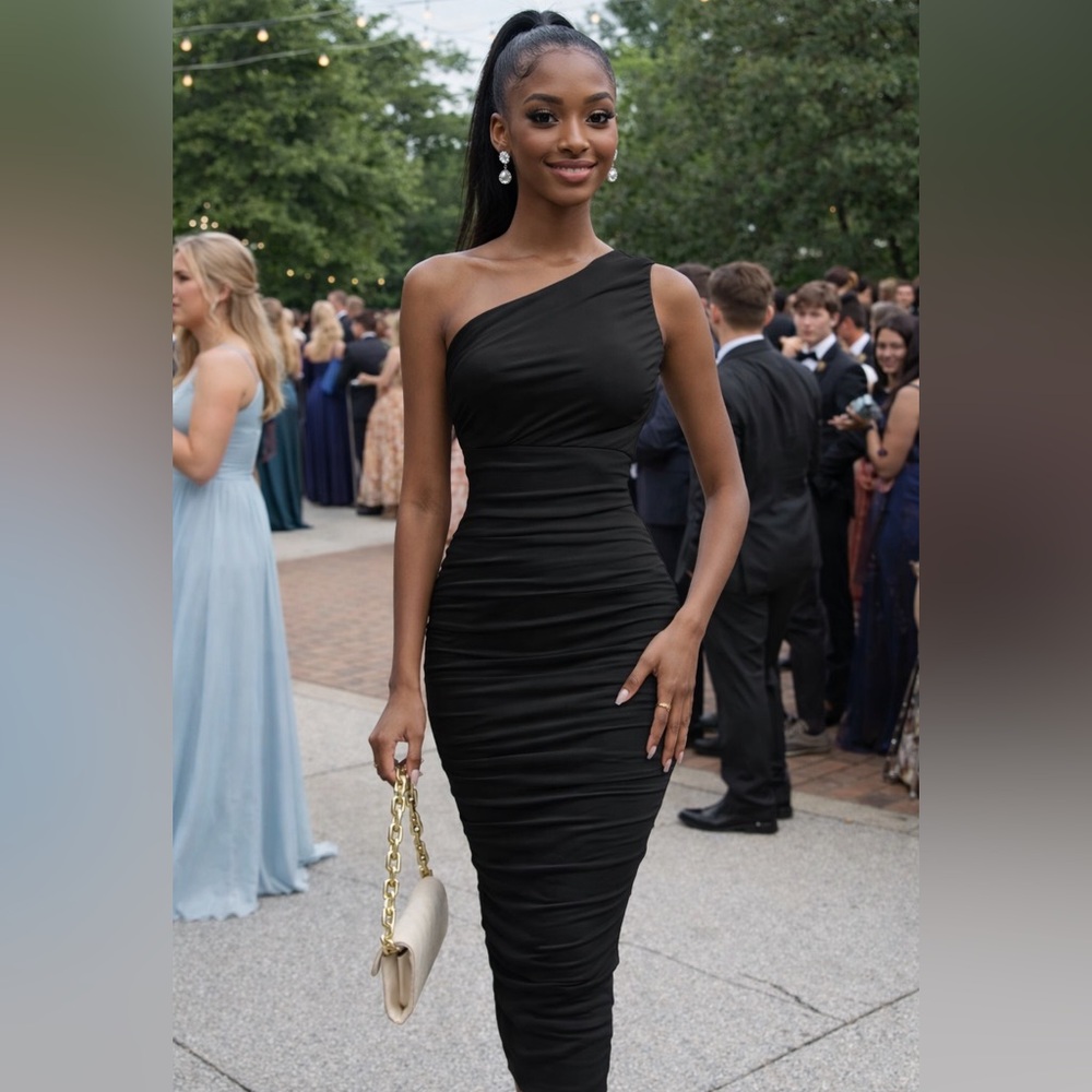 Elegant Black One-Shoulder Ruched Midi Dress Bodycon Formal Prom Evening Dress L